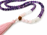 Japamala o rosario budista Saraswati con amatista cuarzo rosa y blanco, Marca Cudegui