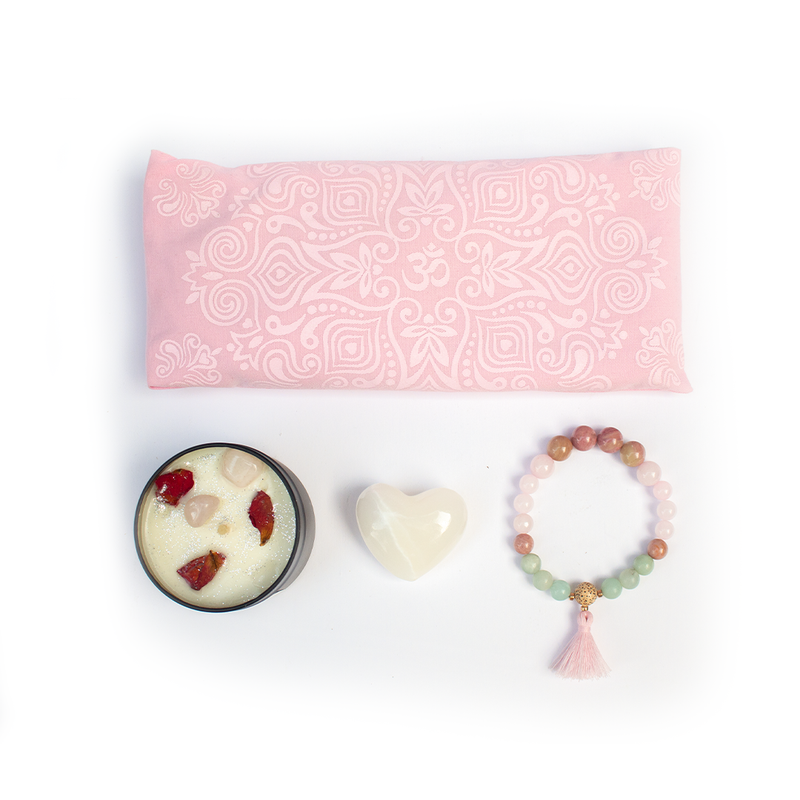 Set Amor Infinito – Ritual de Bienestar con Almohadilla, Pulsera japamala cuarzo y Vela de Soya