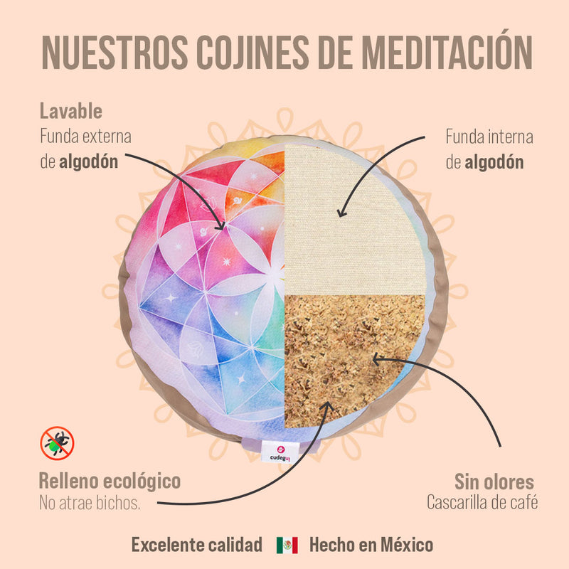 Zafu o cojín de meditación Semilla de vida, marca Cudegui